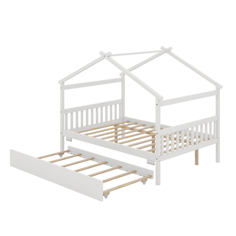 Lit double en bois avec lit gigogne, Double, Blanc