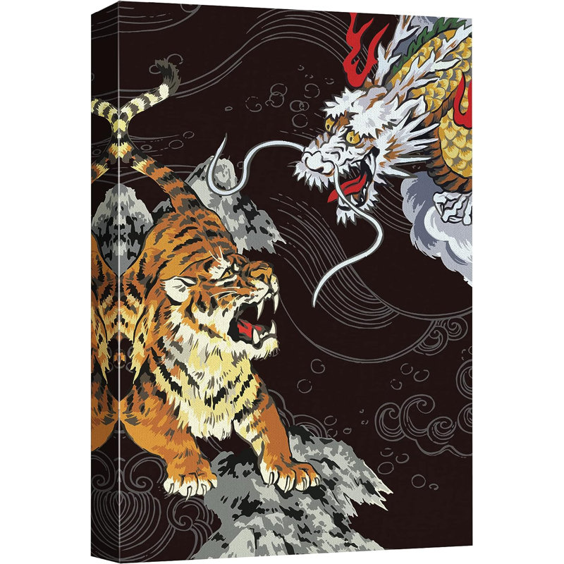 Aquarelle de style japonais, tigre et dragon, animaux sur toile, H 48 po x l 32 po x P 1,5 po, Toile tendue