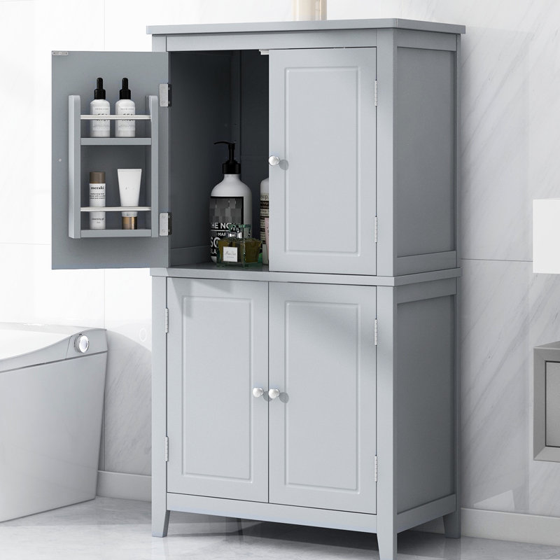Grey Bathroom Floor Cabinet With 4 Doors, Adjustable Shelves, Metal Hinges, And Stylish Tall Storage Utilize Space Efficiently In
