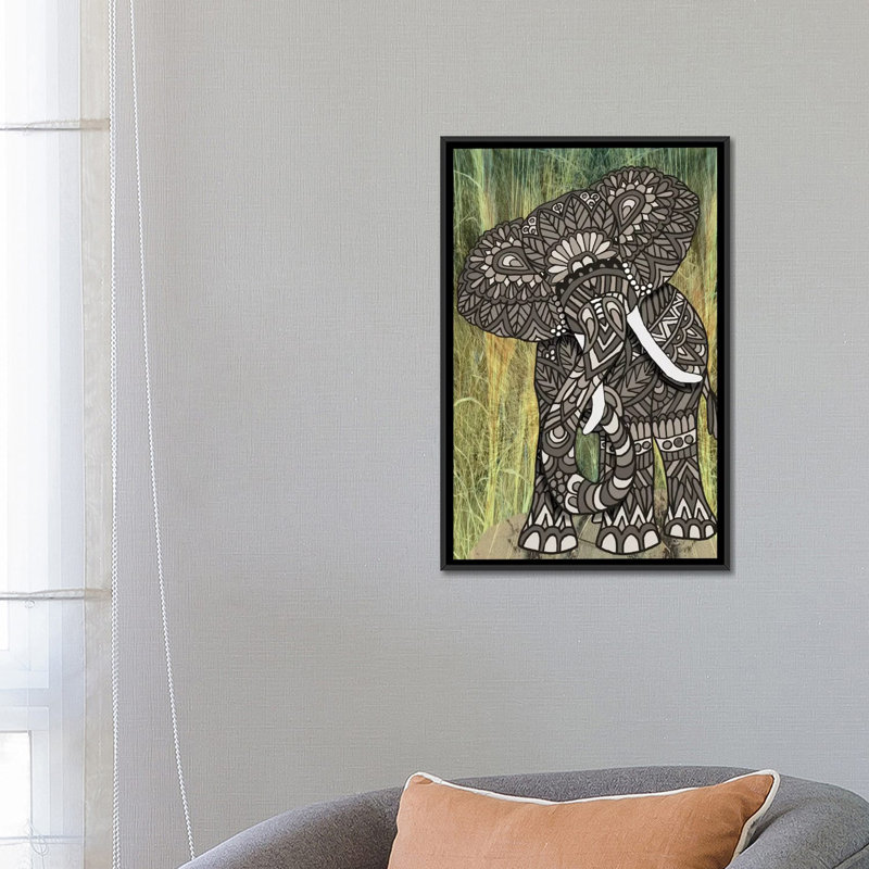 «Ornate Elephant», impression sur toile tendue, H 26 po x l 18 po x P 1,5 po, Toile avec cadre noir, Pas de tapis