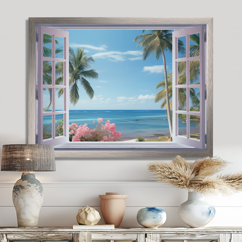 Vue sur l'océan tropical à travers une fenêtre blanche ouverte - art mural sur toile côtière, H 34 po x l 44 po x P 1,5 po