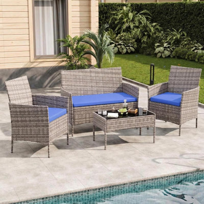 4-Piece Patio Furniture Set, Outdoor Wicker Furniture with Glass Coffee Table, Grey Rattan Conversation Set with Washable Cushions for Backyard, Porch, Poolside, Garden, Lawn