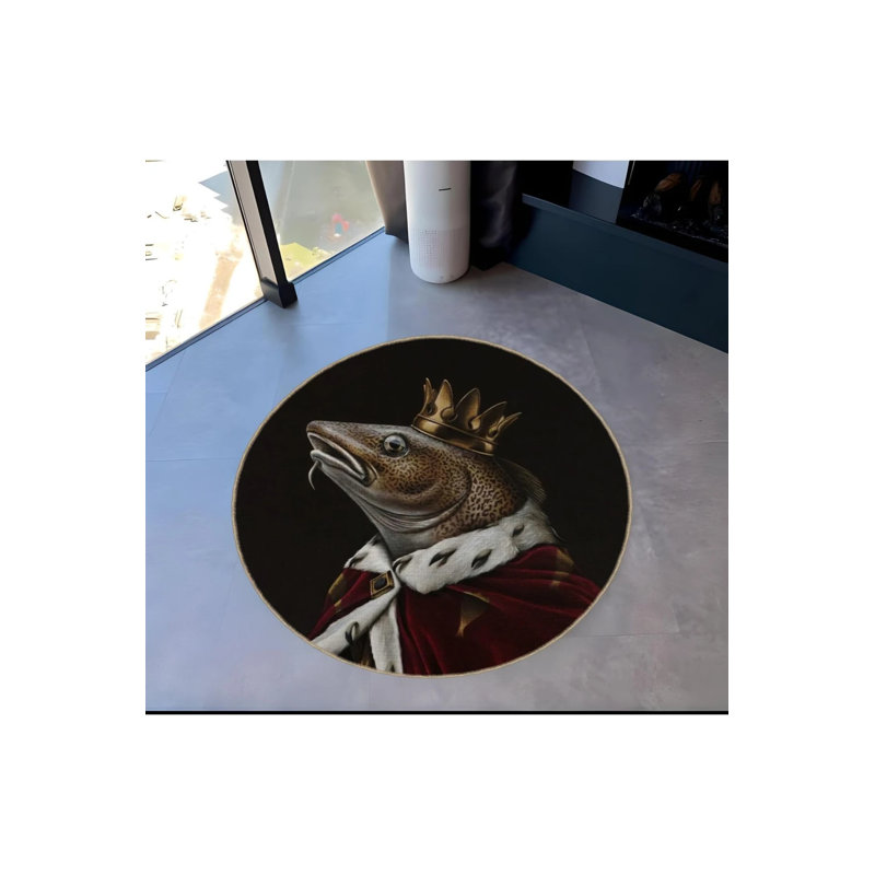 Surrealist Theme King Crown Fish Pattern Round Woven Base Modern Decorative Carpet, Round 3'4"