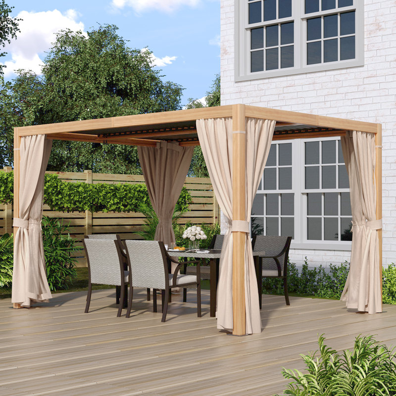 Aluminum Louvered Pergola with Adjustable Roof and Curtains, Wood Grain, 13 Ft. W x 10 Ft. D