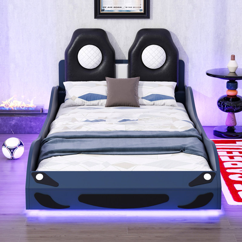 Lit de voiture de course bleu simple avec construction en bois massif et éclairage à DEL - Revêtement doux de la plateforme Bedtime, confort durable à long terme