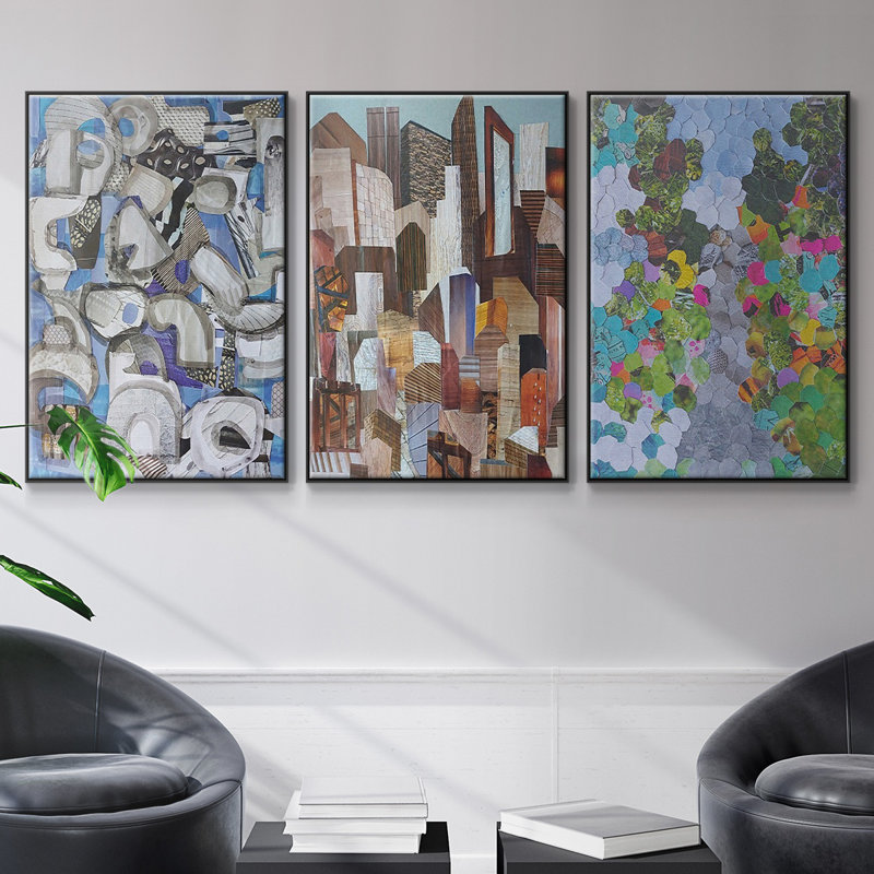 Magenta Garden - Ensemble de 3 reproductions encadrées sur toile, H 40 po x l 90 po x P 2 po, Noir