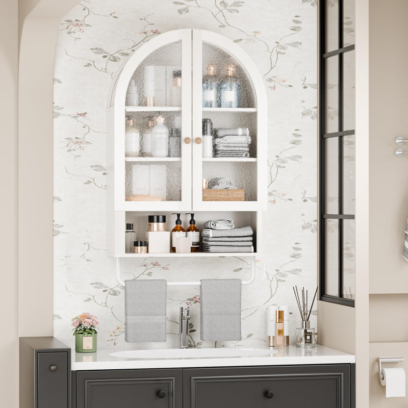 Armoire de salle de bain murale, armoire à pharmacie moderne avec tablette en bois réglable, Blanc