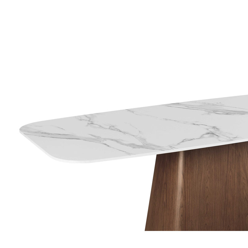 Kenza Modern Marbleized White Glass Dining Table with Wooden Base