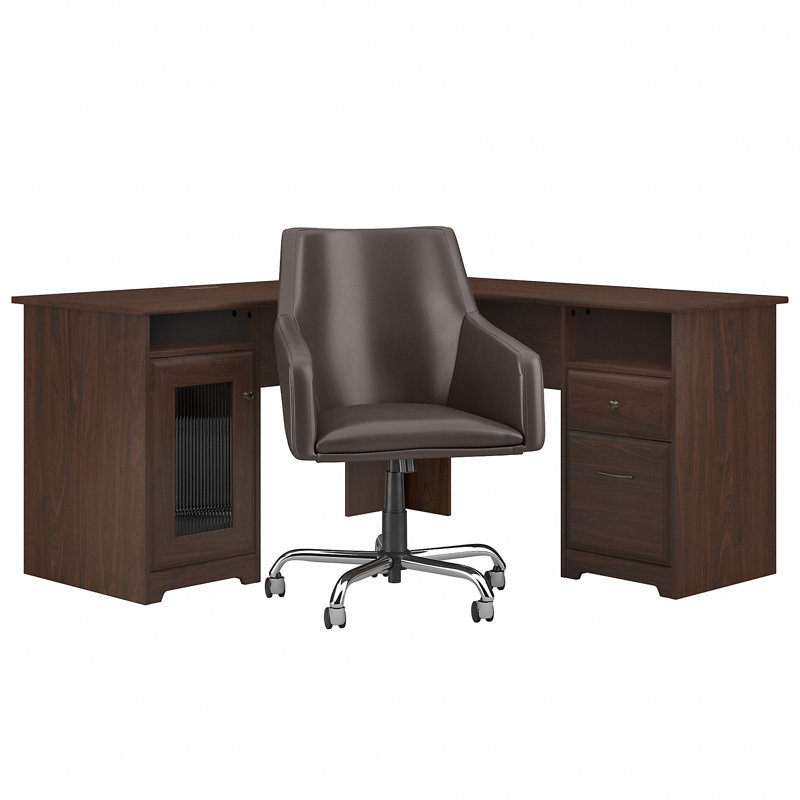 Ensemble de bureau et de chaise en L Shelonda, Noyer moderne