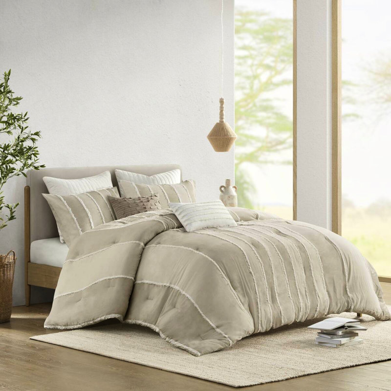 Édredon 3 pièces en coton taupe double / grand - aspect rayé, rembourrage 100%, détails décoratifs, visible, fascinant,