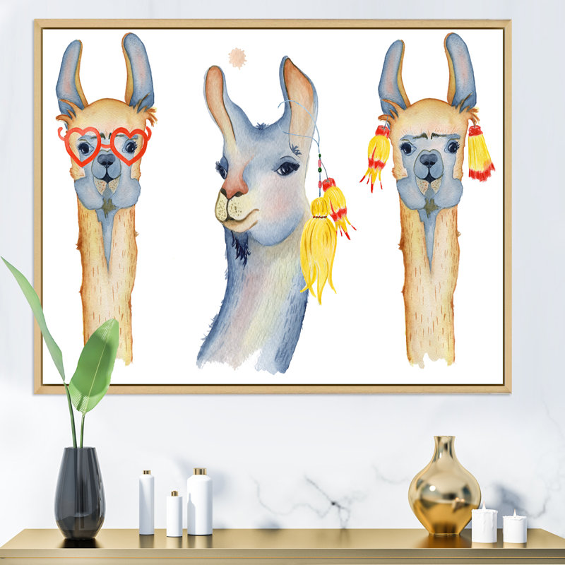 Dessin de mignon lama mignon I - reproduction sur toile, H 24 po x l 32 po, Cadre flottant en érable