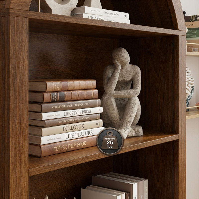 Arched Rattan Bookshelf with Storage Cabinet, Brown