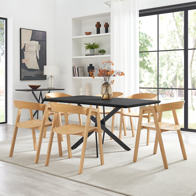 Aminata Veneer & Metal Round Dining Table With Arvey Oak Veneer Chairs - Modern Statement Design, 6, Black