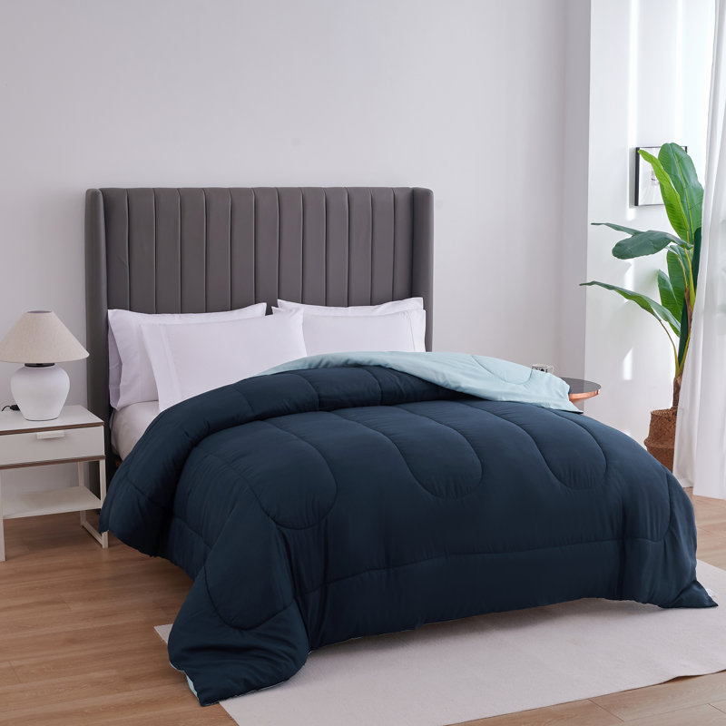  Édredon simple réversible toutes saisons en duvet synthétique, Bleu/bleu marine, Édredon très grand