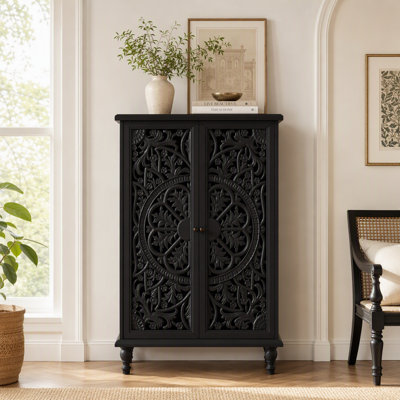 Solid Wood 2-Door Accent Cabinet with Hollow-Carved Doors & Adjustable Shelf, Tall Storage Cabinet, Accent Chest