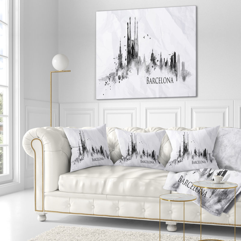 Coussin décoratif silhouette de barcelone cityscape painting, 16 po x 1 po