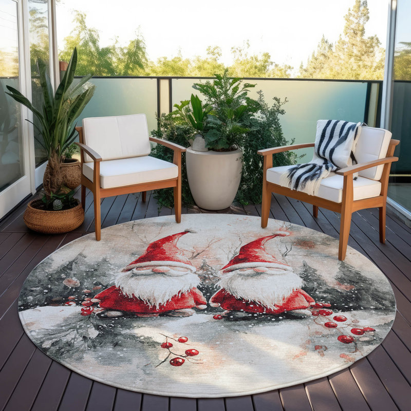 Machine Washable Indoor/Outdoor Christmas Gnome Xhevrie Ivory Rug, Round 8'