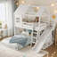 Lit superposé simple au dessus d'un lit double en bois massif avec tablettes, garde-robe et glissade-355027558-364566858