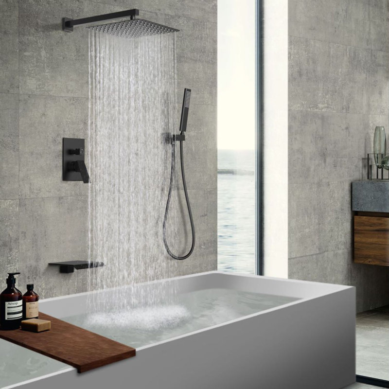 Male NPT 10 Inch High Pressure Rain Shower Head and Tub Faucet with Hand Shower in Matte Black ( Valve with Trim and Diverter)