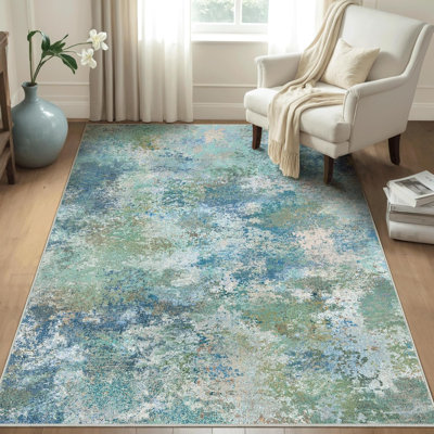 Tapis 3 x 5 pour la chambre à coucher du salon, tapis moderne lavable à la machine, grand tapis doux à poils courts avec envers antidérapant pour la salle à manger, bleu-vert