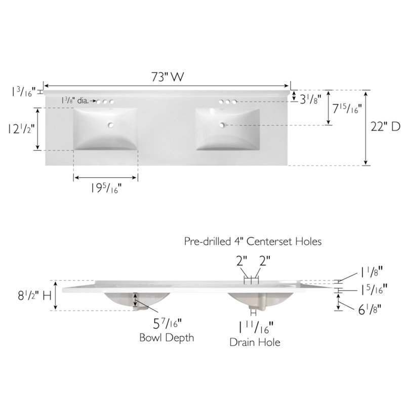 Camilla 73-Inch Solid White Cultured Marble Double Vanity Top