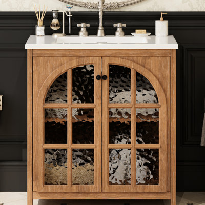 Meuble-lavabo antique de 31 po avec lavabo, rangement spacieux, charnières, verre trempé épaissi, cadre en bois d'hévéa, tablettes rectangulaires ajustables en céramique 31 po, portes à fermeture douce, coffre-fort