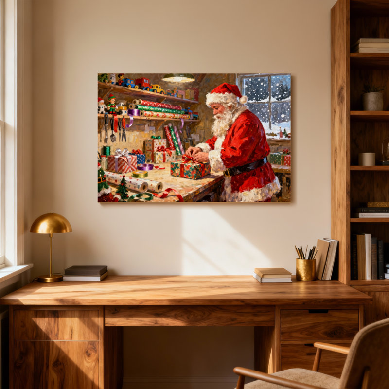 Père Noël emballant des cadeaux dans un atelier avec des outils et des décorations, H 12 po x l 18 po