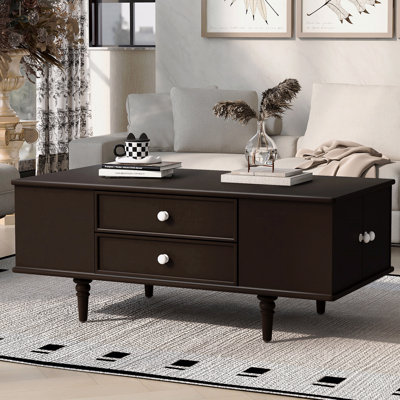 Modern Rectangle Coffee Table With Four Drawers Two Side Hidden Storage Compartments 47.2" Wood Coffee Table With Metal Handles And Four Solid Wood Legs For Living Room