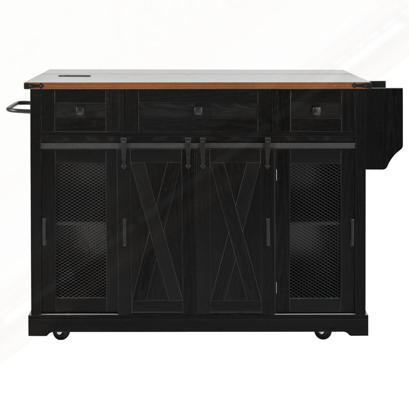 Farmhouse Kitchen Island With Storage, Black