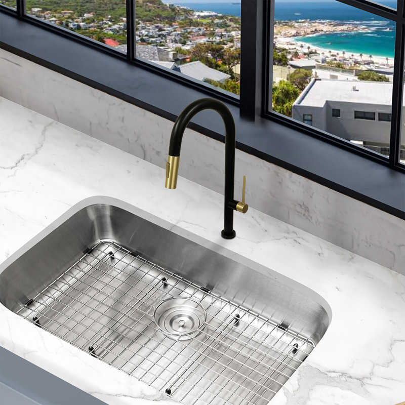 KBFmore 17.63 Inch Dual Function Stainless Steel Kitchen Faucet with Pull Out Down Spray Head, Black & Gold 2 Tone