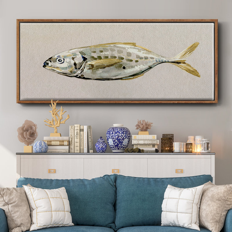 " Fresh Fish Study II ", 12" H x 30" W x 1.5" D, Walnut Floater Framed Canvas