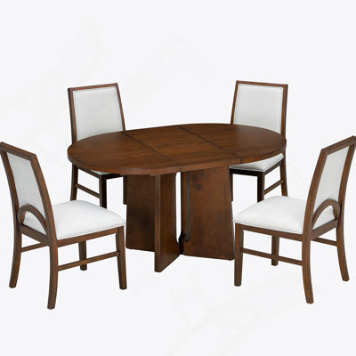 5 Pieces Round Dining Table Set, Extendable Kitchen Table With 4 Upholstered Dining Chairs And One Removable Leaf For Dining Room