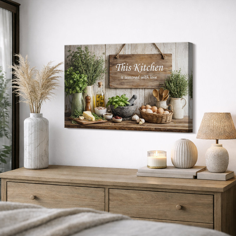 "Kitchen Herbs", assaisonné avec amour, impression sur toile encadrée, H 24 po x l 36 po x P 1,5 po, Toile tendue
