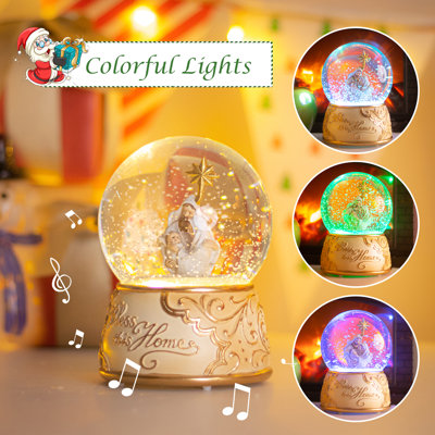 Boule à neige musicale de Noël avec crèche, socle « Que Dieu bénisse cette maison », décoration de Noël aux couleurs changeantes, boîte à musique festive pour les fêtes et les cadeaux religieux