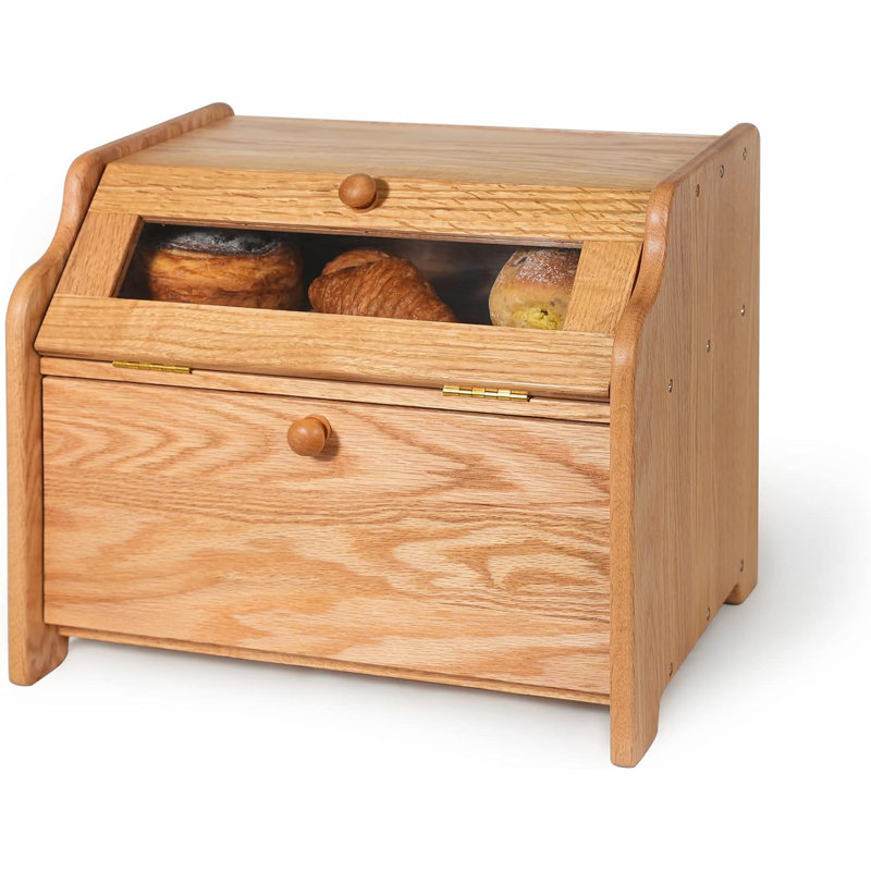 Bread Box, Solid Wood Oak Bread Box for Kitchen Countertop, Double Layer Bread Container for Bread Storage, Large Capacity Breadbox with Clear Window, Pre-assembled