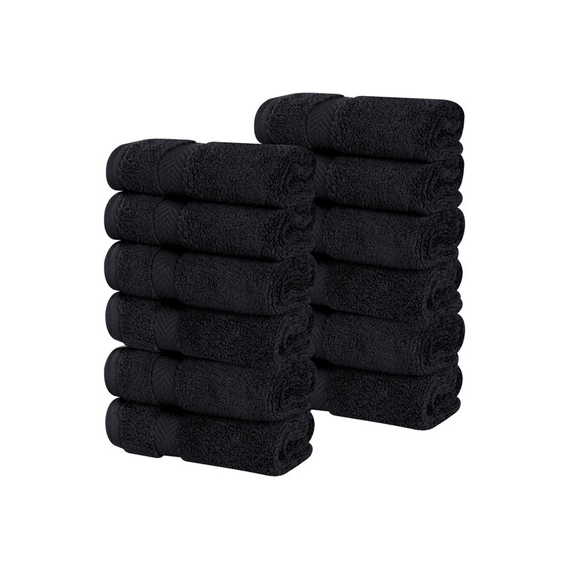 Salih Zero Twist Cotton Solid Chevron Dobby Border Super Soft Absorbent Face Towel Washcloth, Black