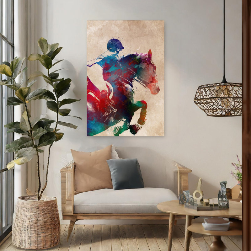Aquarelle, cheval sautant d'art contemporain, 48" H x 32" W