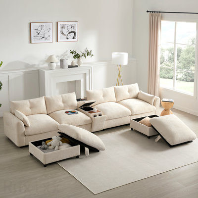 [Vidéo] Canapé modulaire modulaire de 136 po avec console, porte-gobelet, chargeur USB, repose-pieds de rangement mobile, conception à tirette et capitonnée, canapé en chenille surdimensionné en forme de U pour salon et appartement, 2 couleurs