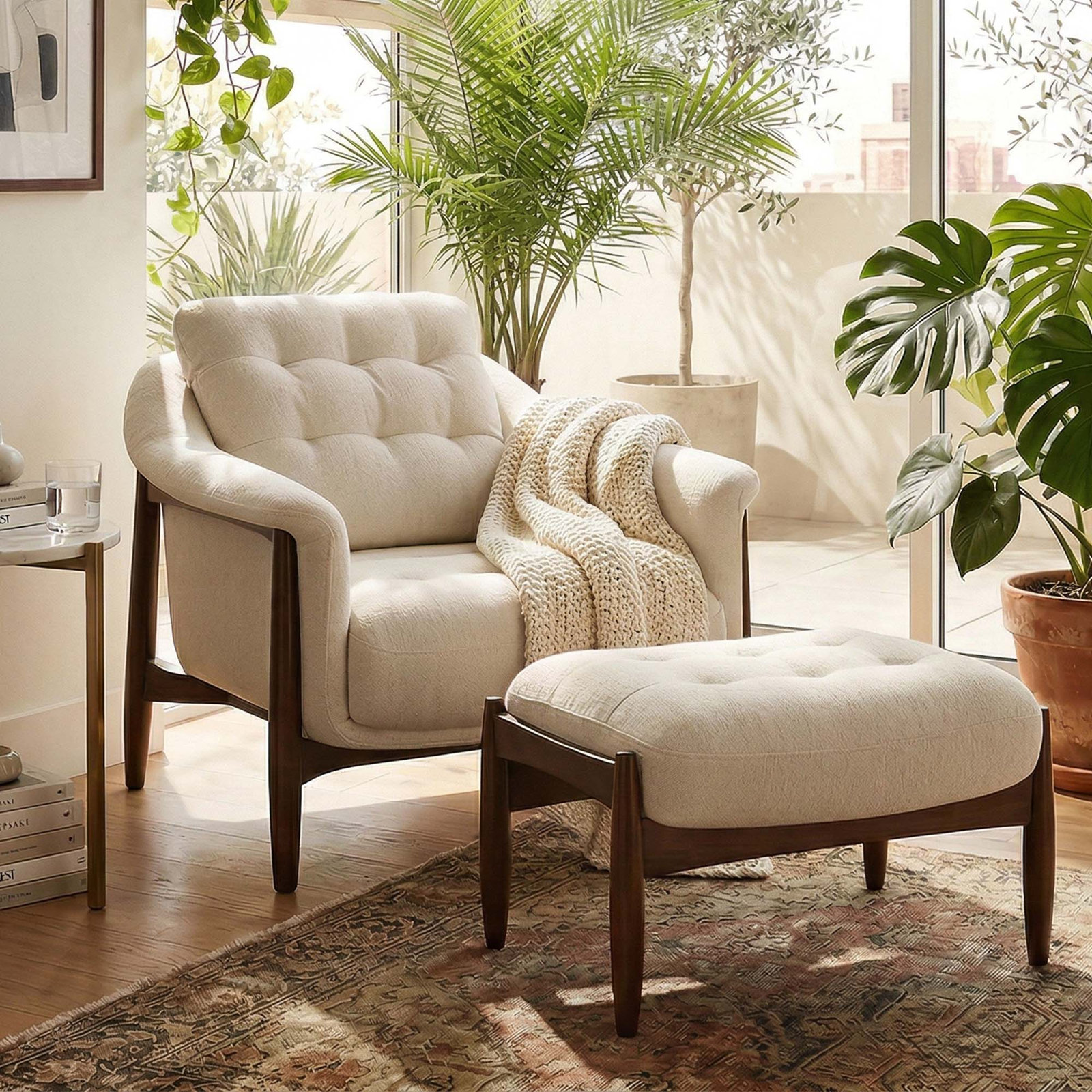 Ashford 32.7" Upholstered Armchair With Ottoman, White