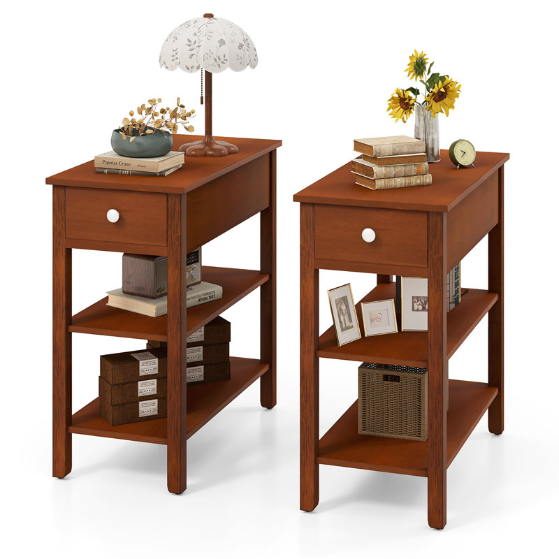  2 PCS Narrow End Tables w/Drawer Shelves & Rubber Wood Legs Sofa Side Table