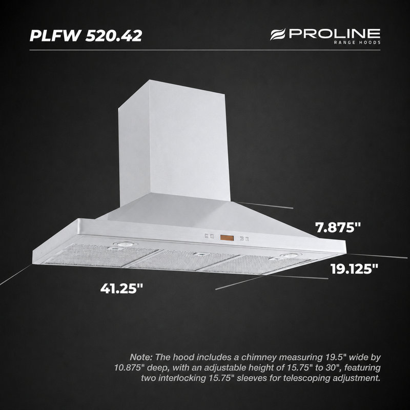 Hotte murale PROLINE de 42 pouces, conduit, 1200 CFM, acier inoxydable, lumières DEL, moteur de soufflage ULTRA-SILENCIEUX, 6 vitesses, garantie de 3 ans, filtres allant au lave-vaisselle