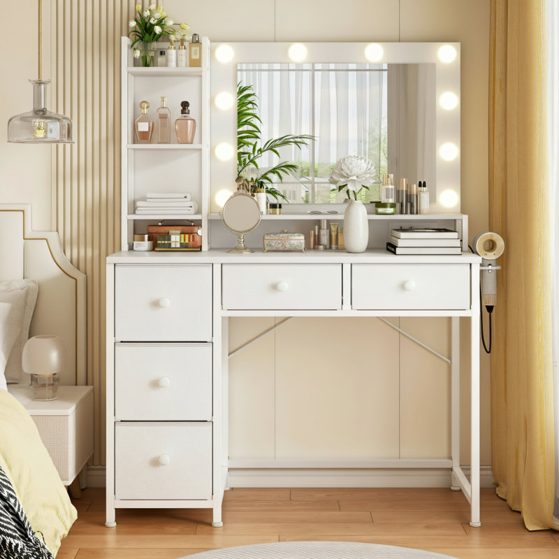 White Bedroom Dressing Table With Light And Mirror, 5 Fabric Drawers, Power Outlet, And Hair Dryer Holder; All-In-One Dressing And Storage Unit.
