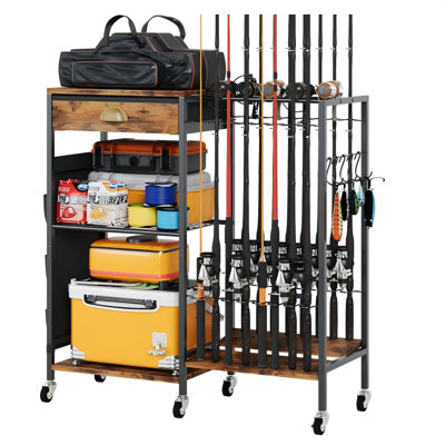 Fishing Rod Holder, Fishing Pole Holders For Garage Boat Fishing Gear Storage With Drawer And Wheels, Holds 16 Fishing Rods For Home Entryway Corner