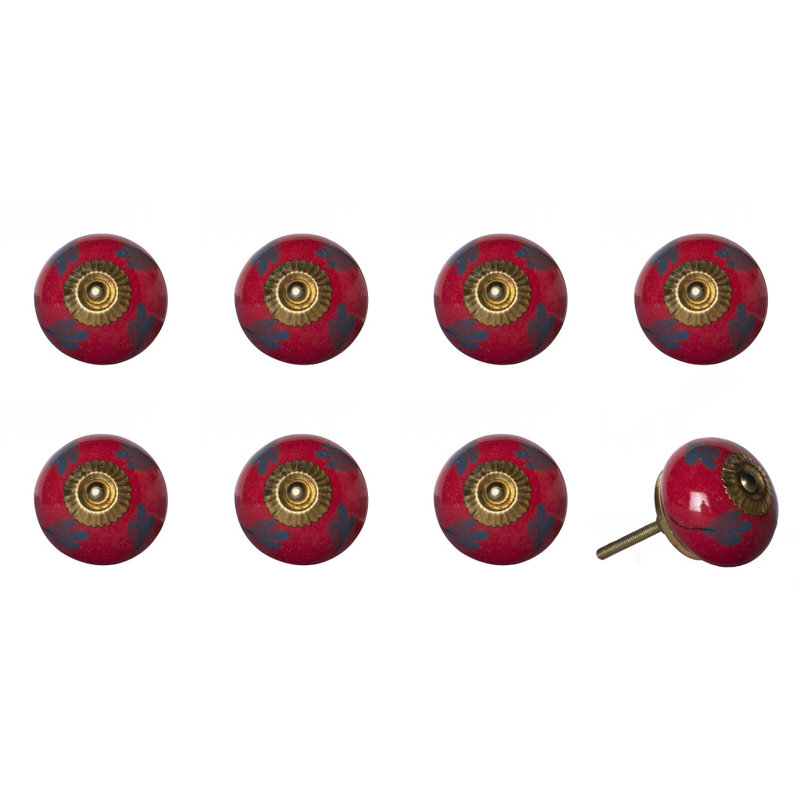 Ensemble de huit poignées de tiroir en céramique et en métal bleues et rouges