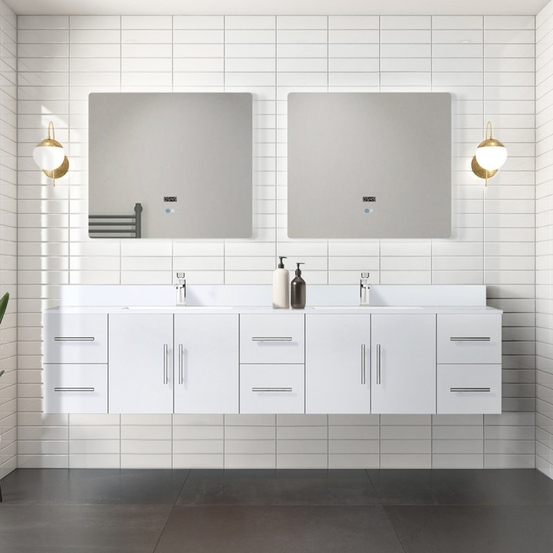 Meuble-lavabo double blanc lustré 84 po X P 22 po D, plateau en marbre de culture et robinet, Blanc lustré