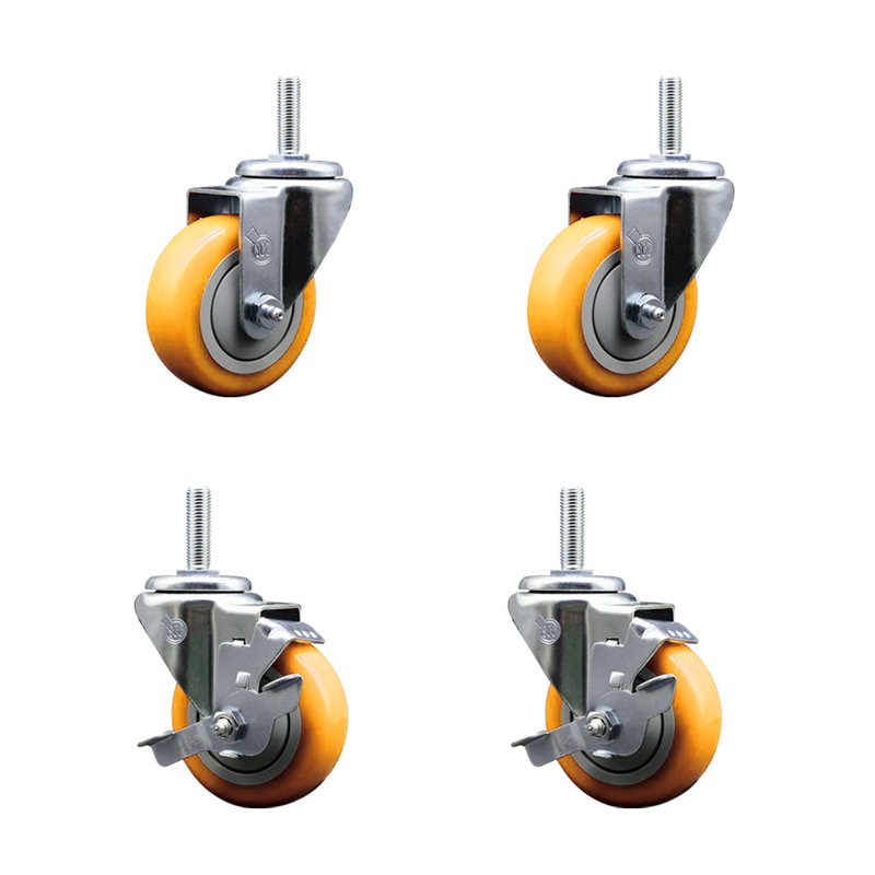 3,5 pouces_Polie pivotante 3/4 po. Ensemble de roulettes à tige filetée 2 freins, Jaune