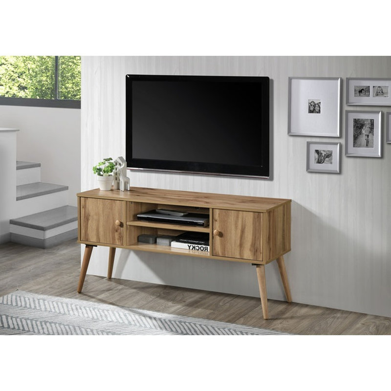 Meuble télé Mid-Century 47" (119 cm), compatible avec les téléviseurs de 50 à 55 pouces (127 à 140 cm), 2 étagères ouvertes et 2 placards, en chêne.
