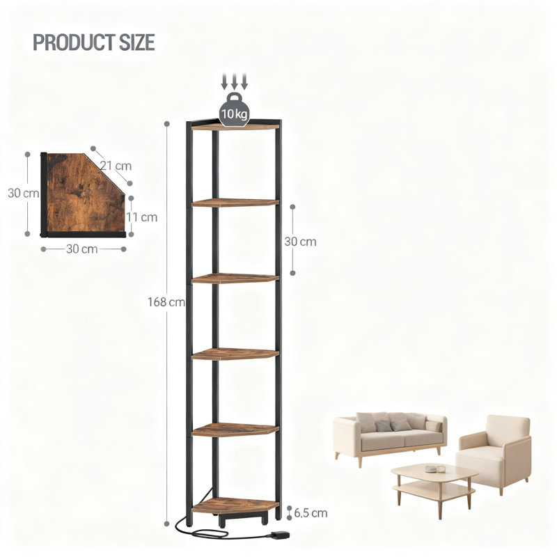 6-Tier Corner Shelf With Adjustable LED Lights, Tall Narrow Display Bookcase With Metal Frame For Living Room, Home Office, Bedroom And Small Spaces