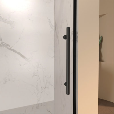 Porte de douche coulissante simple l 48 po x H 72 po, verre fixe de 5 mm et verre coulissant de 6 mm sans cadre, verre trempé transparent, poignée en acier inoxydable, noir mat