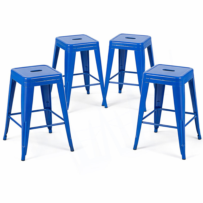 Tabouret de bar 4 pièces de 24 po de hauteur 4 po, tabourets de bar en métal sans dossier, non empilables, Bleu, 4